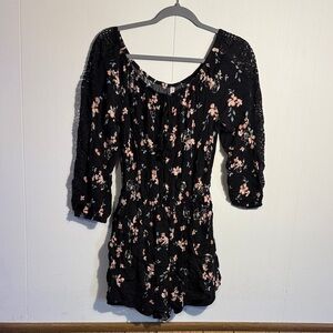 Floral Black Romper with Pink Accents